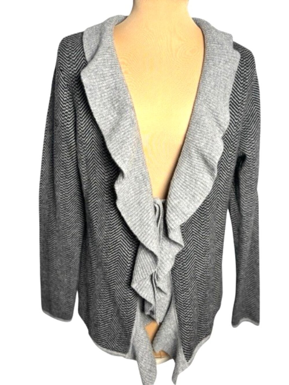 Kier + J Gray 100% Cashmere Tie Front Cardigan Lightweight Ruffle Sweater Size L